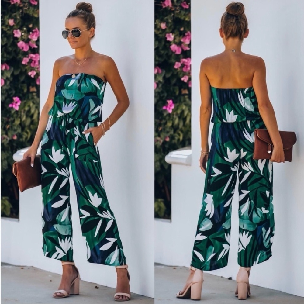 SOLDVici Green and Blue Leaf Print Jumpsuit Size S